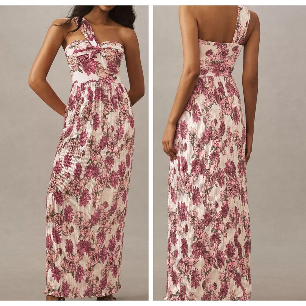 Dress the Population One-Shoulder Floral Maxi Dress in Pink and Cream